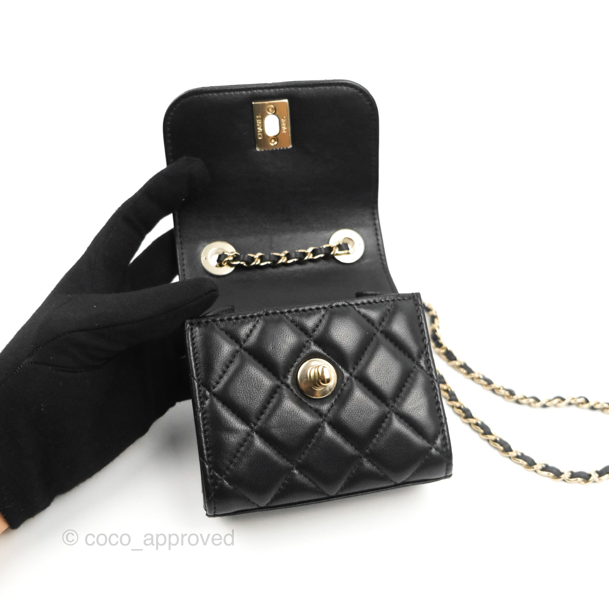 Chanel Mini Handle Flap Coin Purse With Chain Black Lambskin Gold Hardware