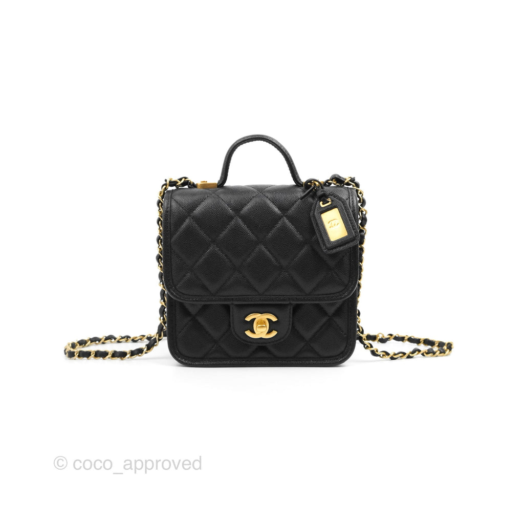 Chanel Mini School Memory Top Handle Flap Bag Black Caviar Aged Gold Hardware