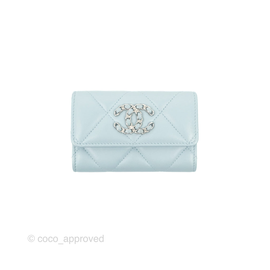 Chanel 19 Quilted Flap Card Holder Light Blue Lambskin