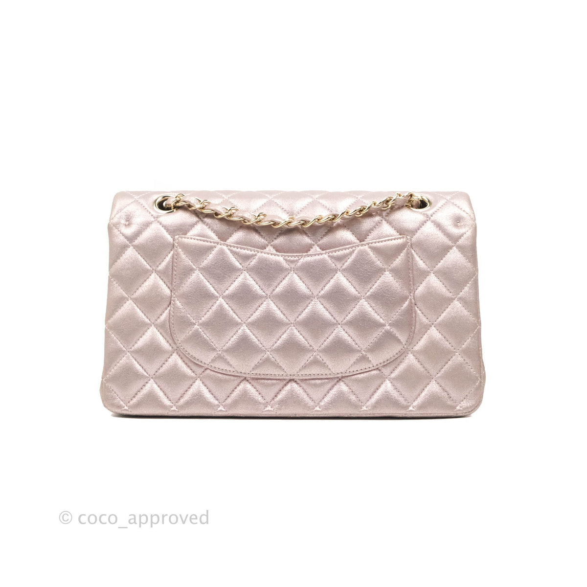 Chanel Iridescent Pink Quilted Caviar Medium Classic Double Flap Gold Hardware, 2019 (Like New), Womens Handbag