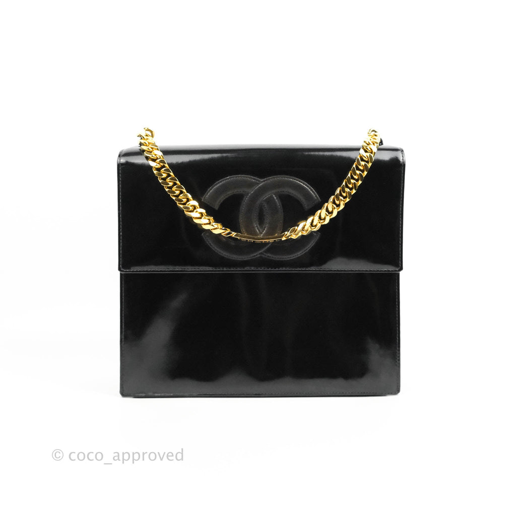 Chanel Vintage Chain Tote Bag Black Patent Gold Hardware