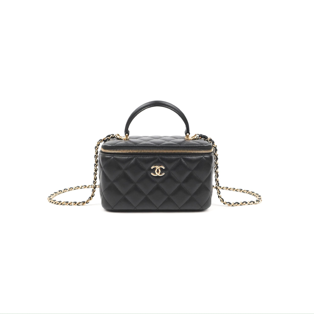 Chanel Vanity Rectangular Top Handle Black Lambskin Gold Hardware