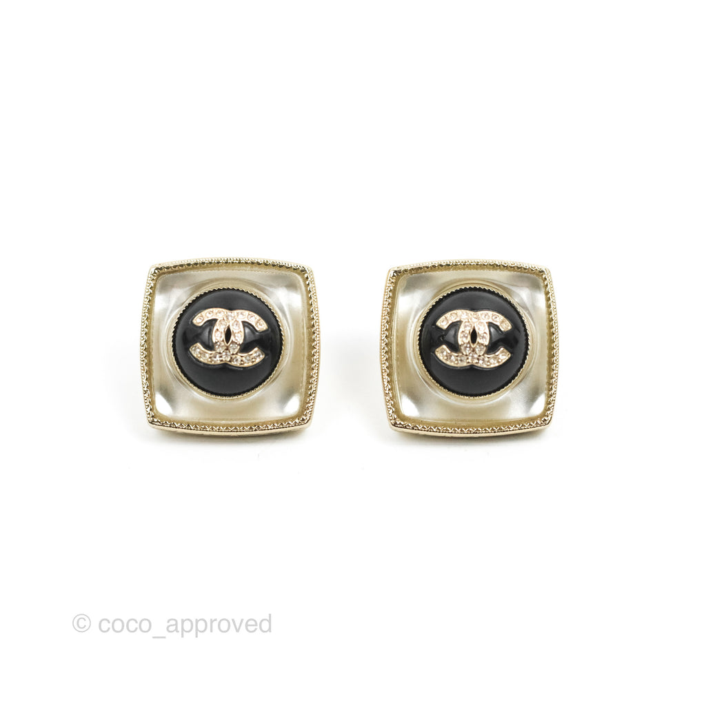 Chanel Square Resin Black Crystal CC Earrings Gold Tone 22C