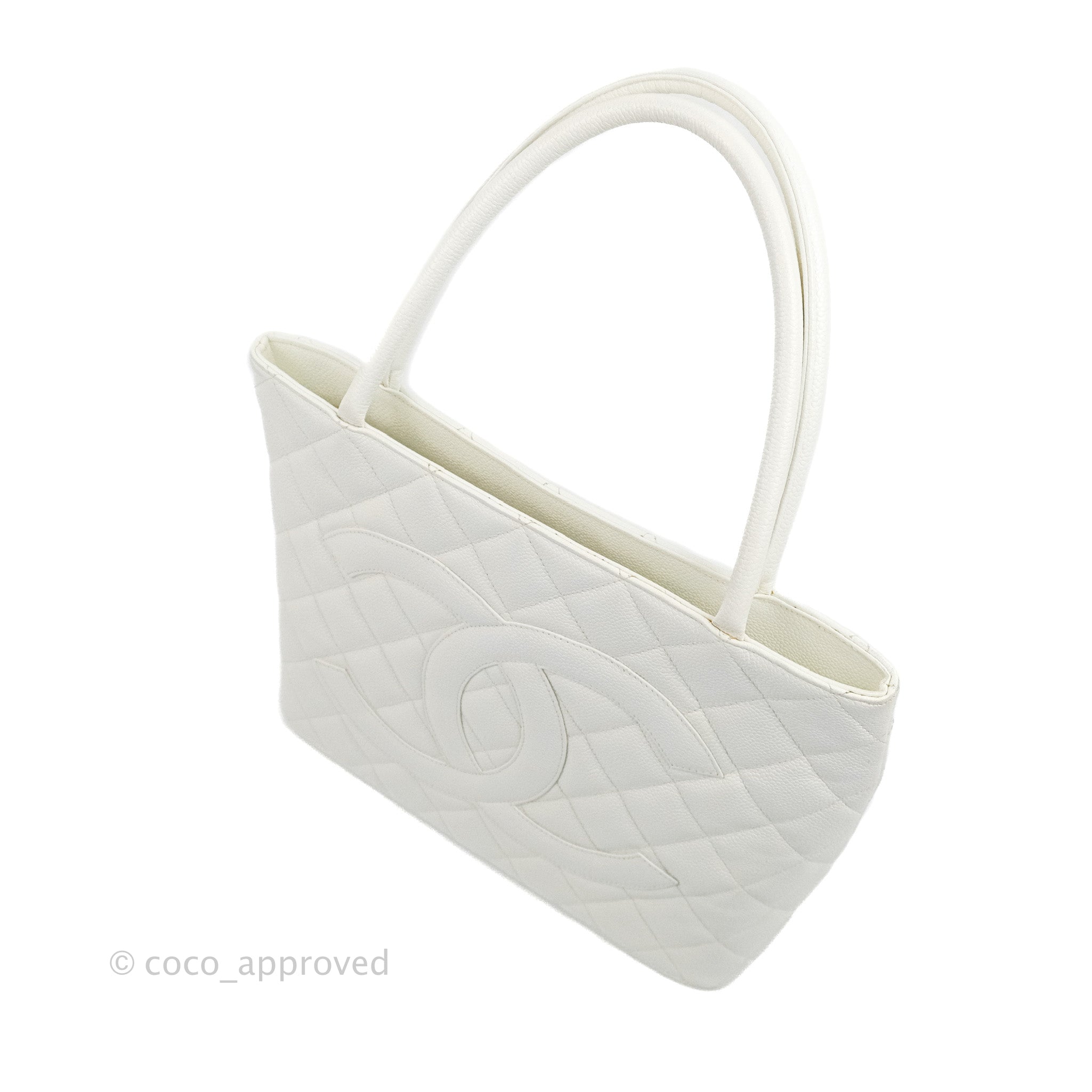 Chanel Vintage Medallion CC White Caviar Tote Bag Gold Hardware