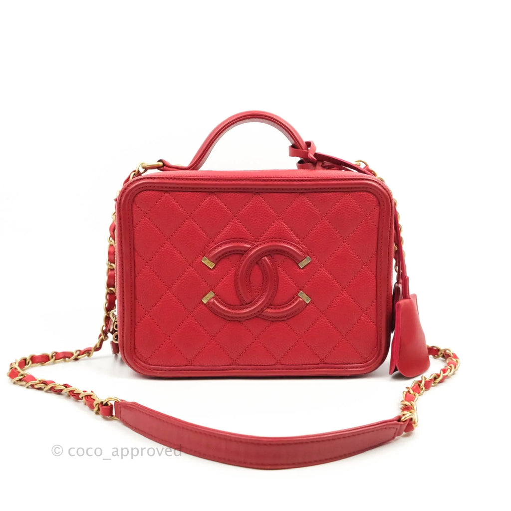 Chanel Red Quilted Caviar Leather Medium CC Filigree Vanity Case