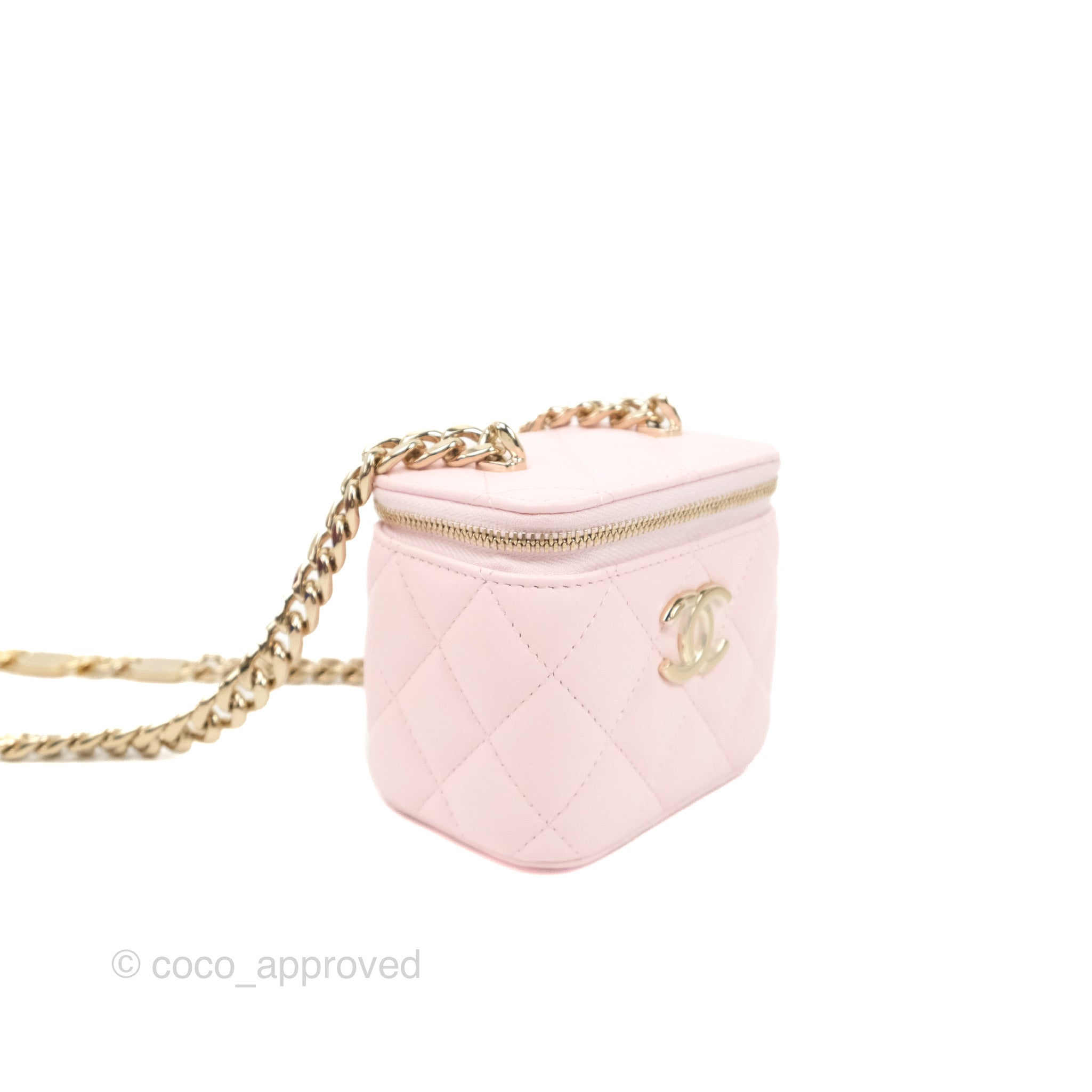 Light Pink Lambskin Quilted Mini Vanity Case With Pearl Chain