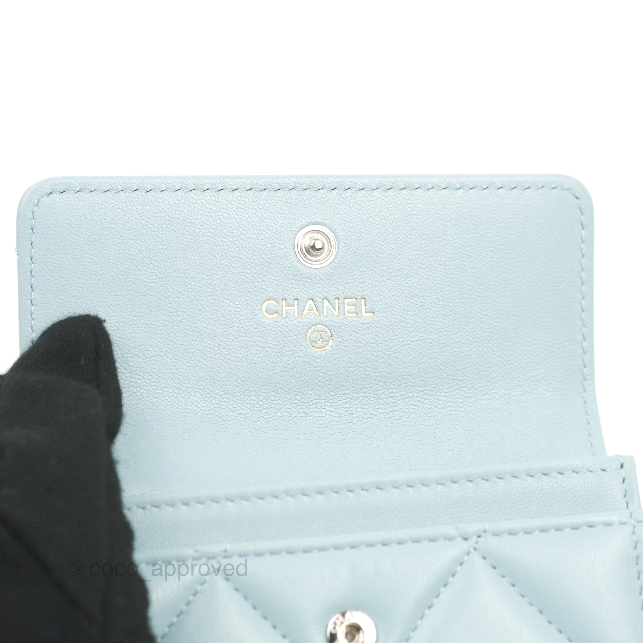 CHANEL Lambskin Quilted Chanel 19 Flap Coin Purse With Chain Light Blue  910490