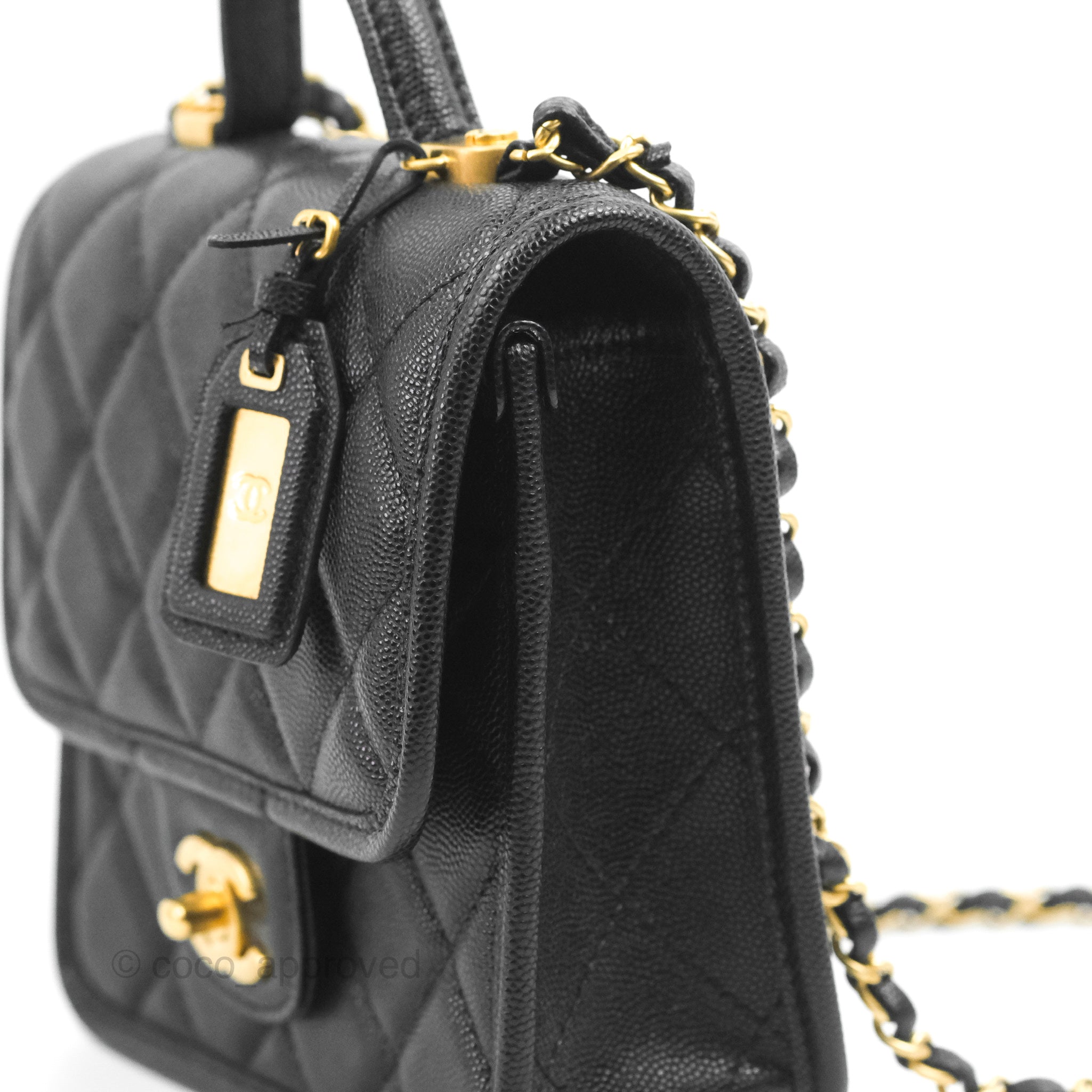 Chanel Mini School Memory Top Handle Flap Bag Black Caviar Aged Gold H –  Coco Approved Studio