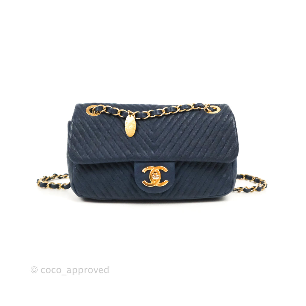 Chanel Small Chevron Surpique Flap Navy Calfskin Aged Gold Hardware