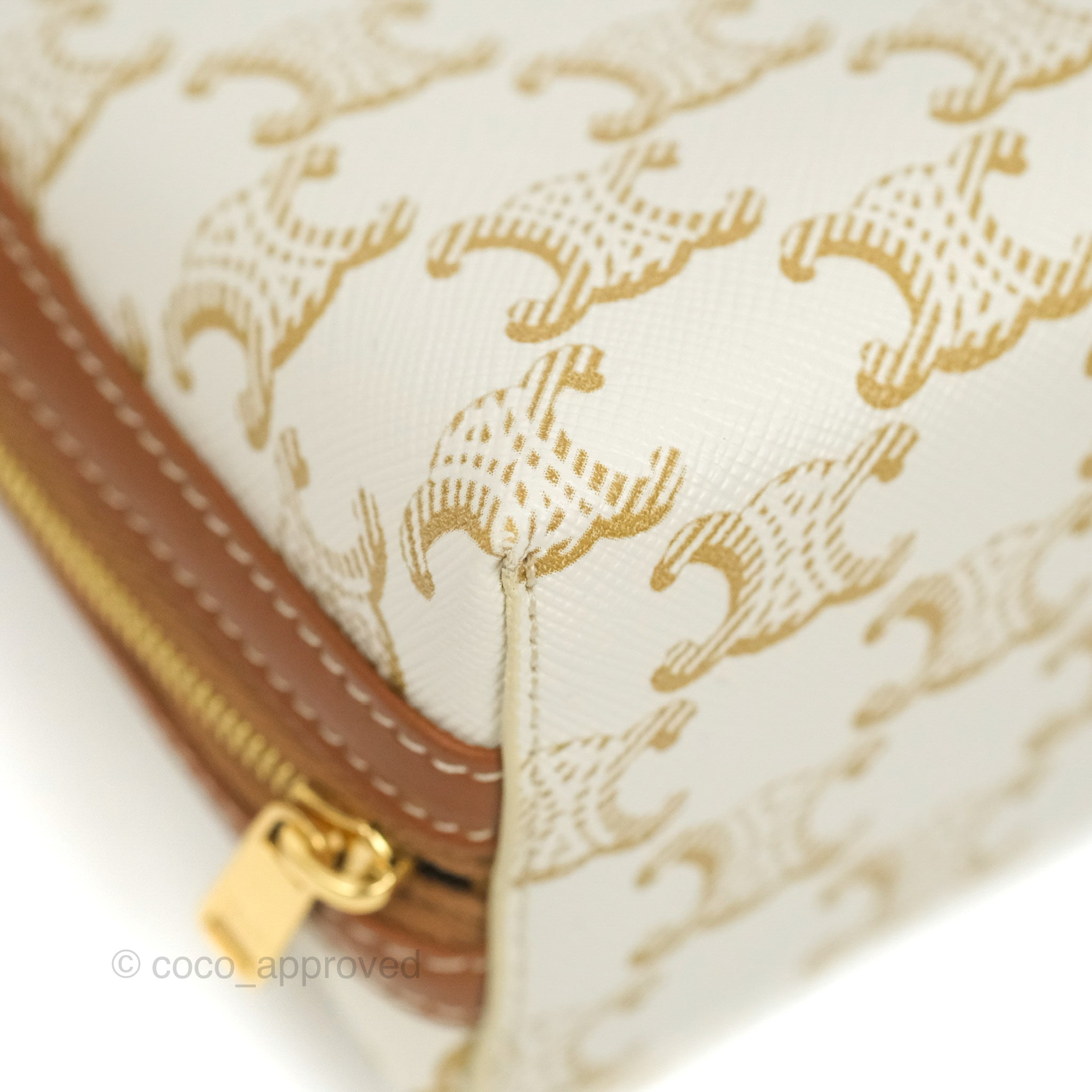 CELINE Lambskin Triomphe Canvas Embroidered Logo Clutch With Chain Tan  642052
