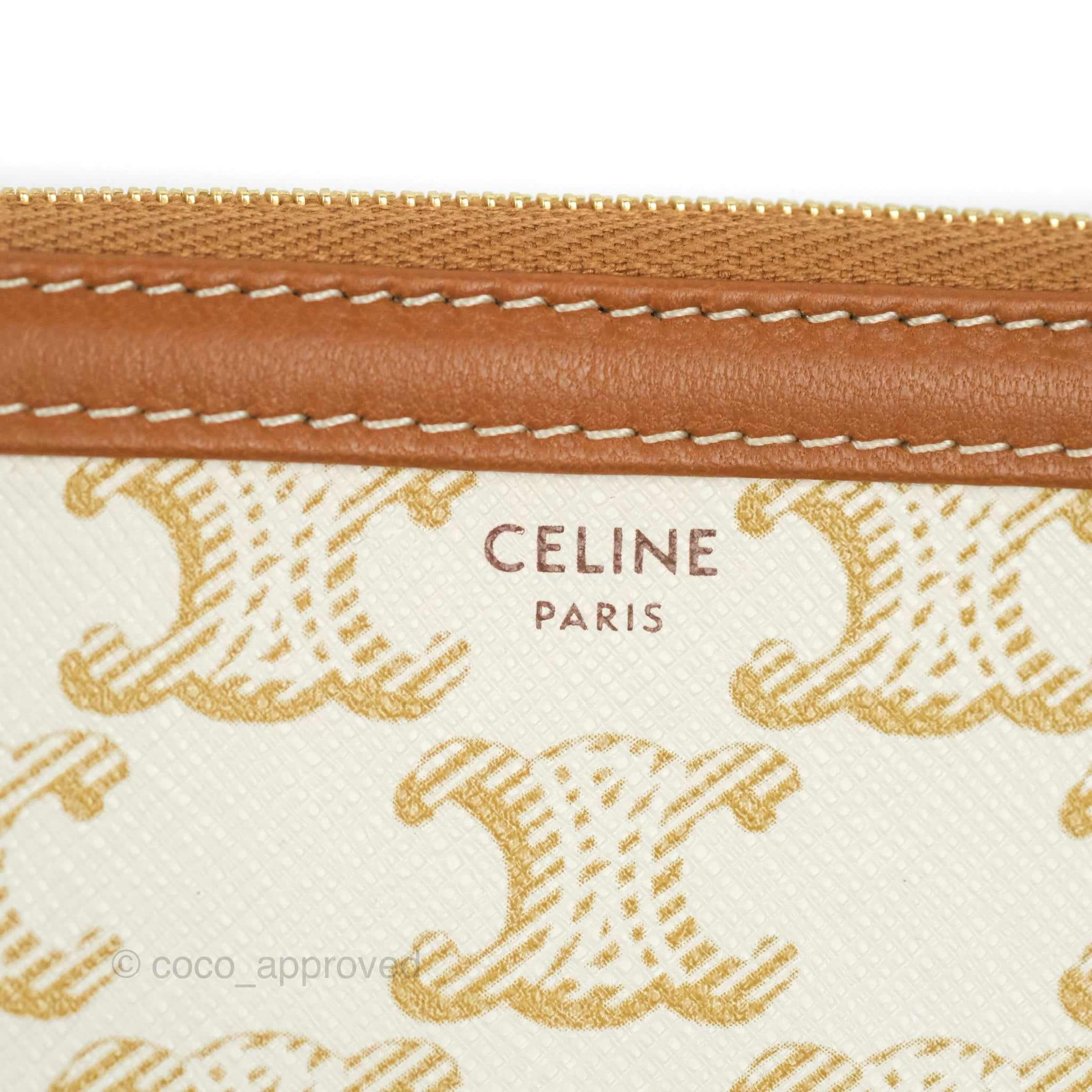 CELINE Lambskin Triomphe Canvas Clutch With Chain White Tan 760416