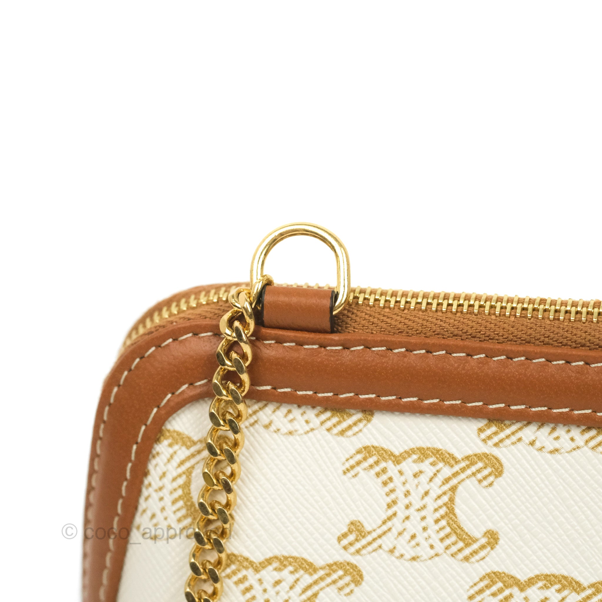 CELINE Lambskin Triomphe Canvas Embroidered Logo Clutch With Chain Tan  1281400