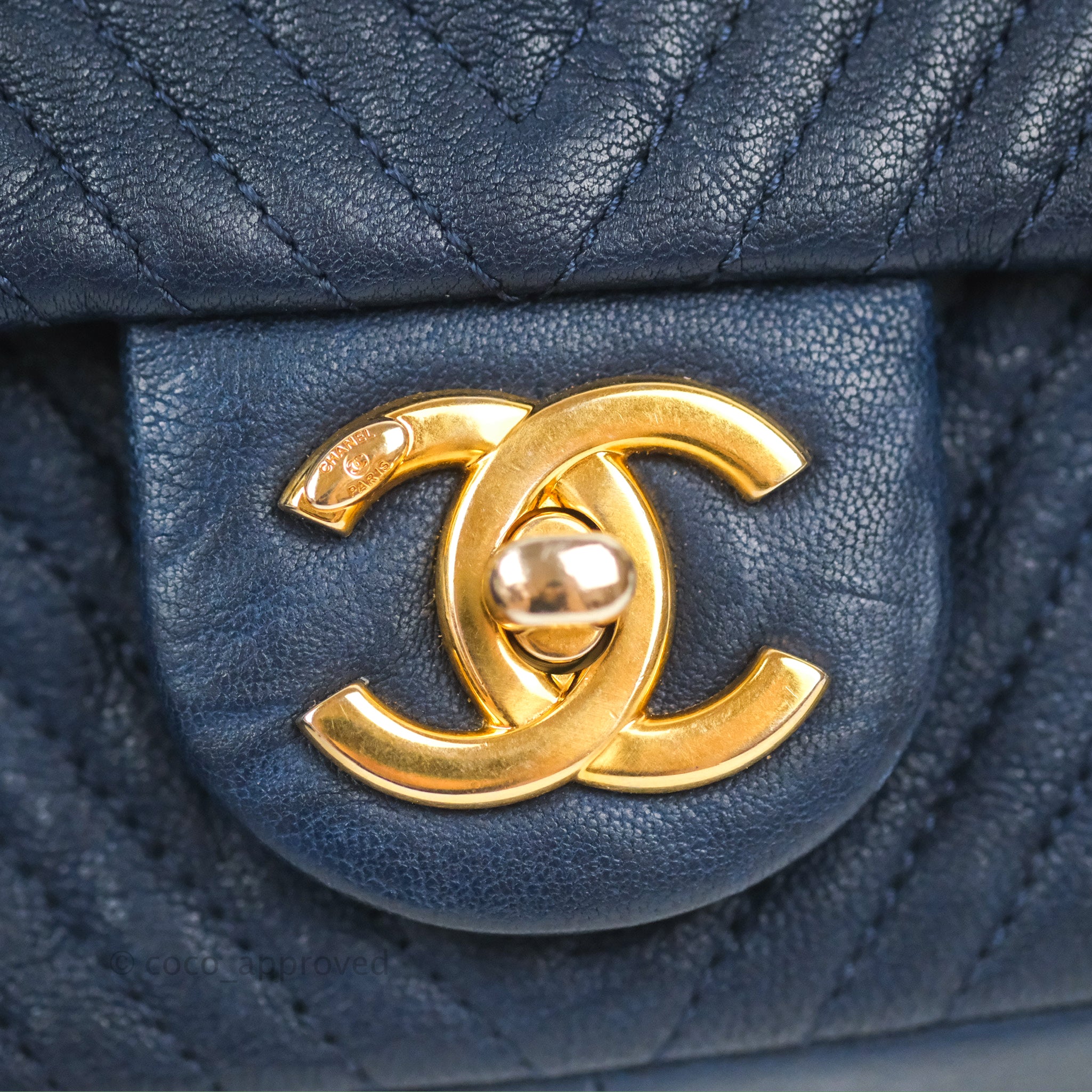 Chanel Small Chevron Surpique Flap Navy Calfskin Aged Gold