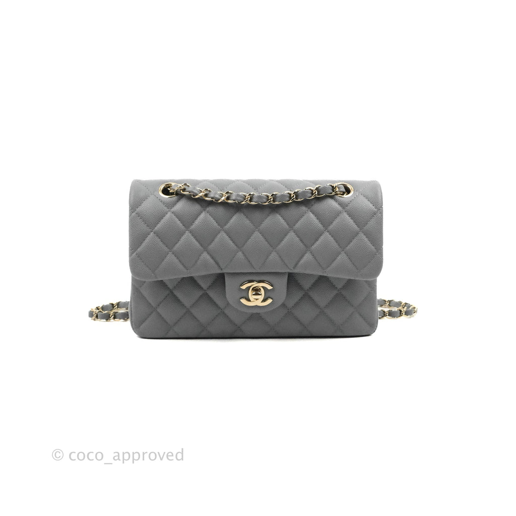 Chanel Small Classic Quilted Flap Grey Caviar Gold Hardware