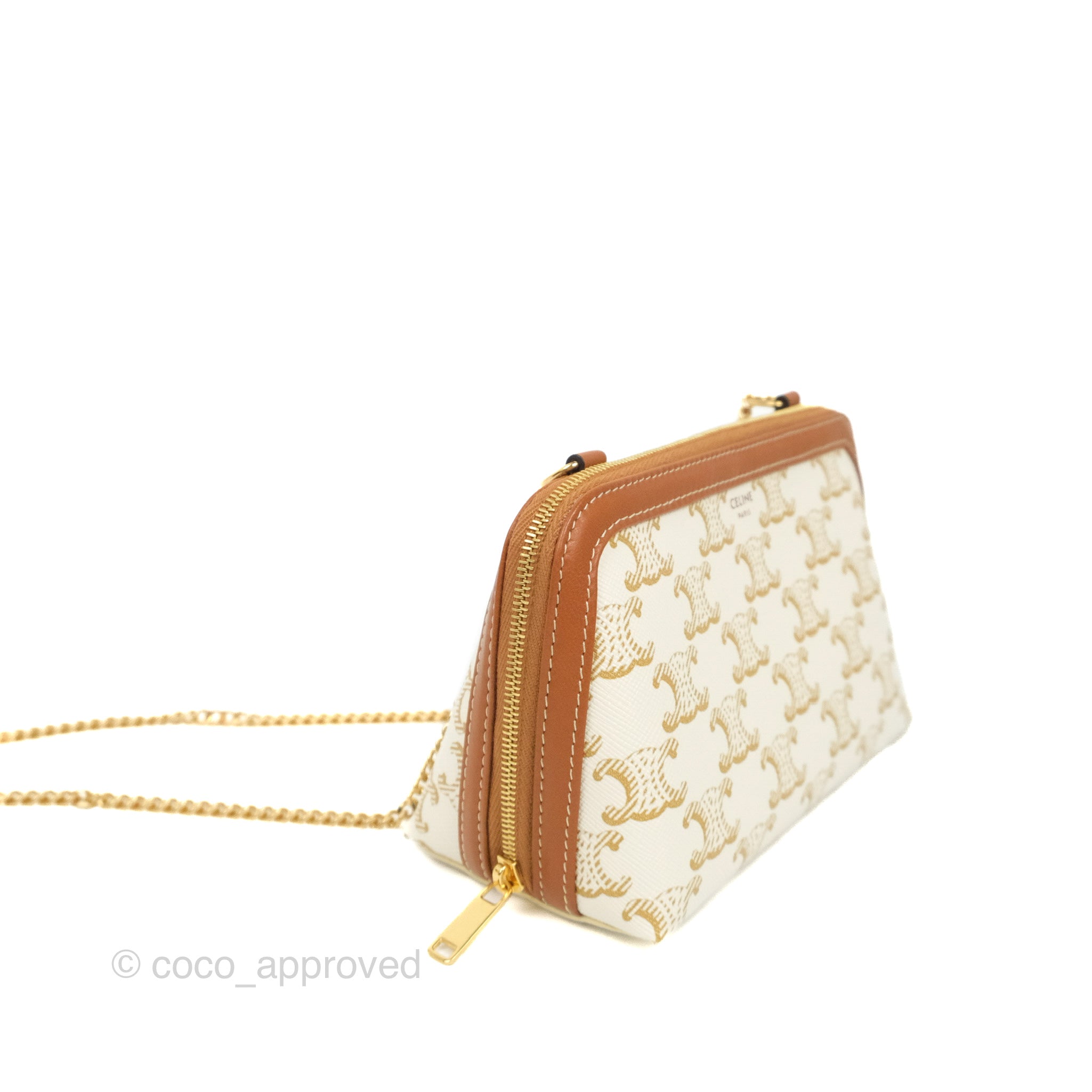 CLUTCH WITH CHAIN IN TRIOMPHE CANVAS AND LAMBSKIN - WHITE/TAN