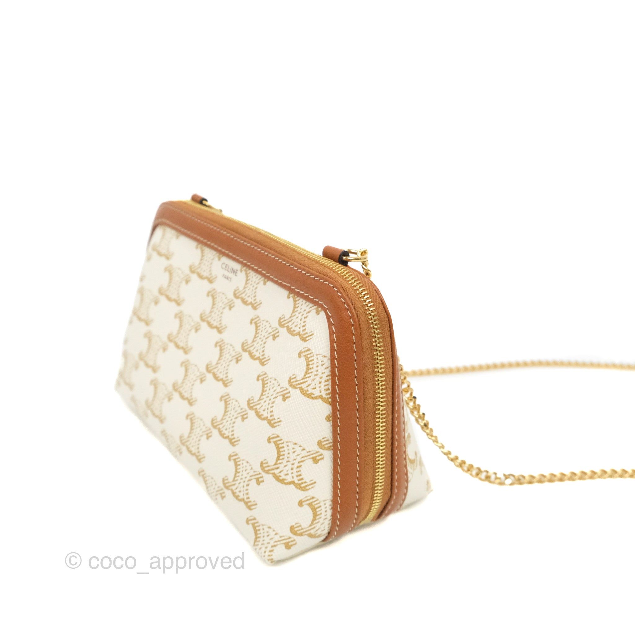 Clutch with chain in triomphe canvas and lambskin white tan Clearance