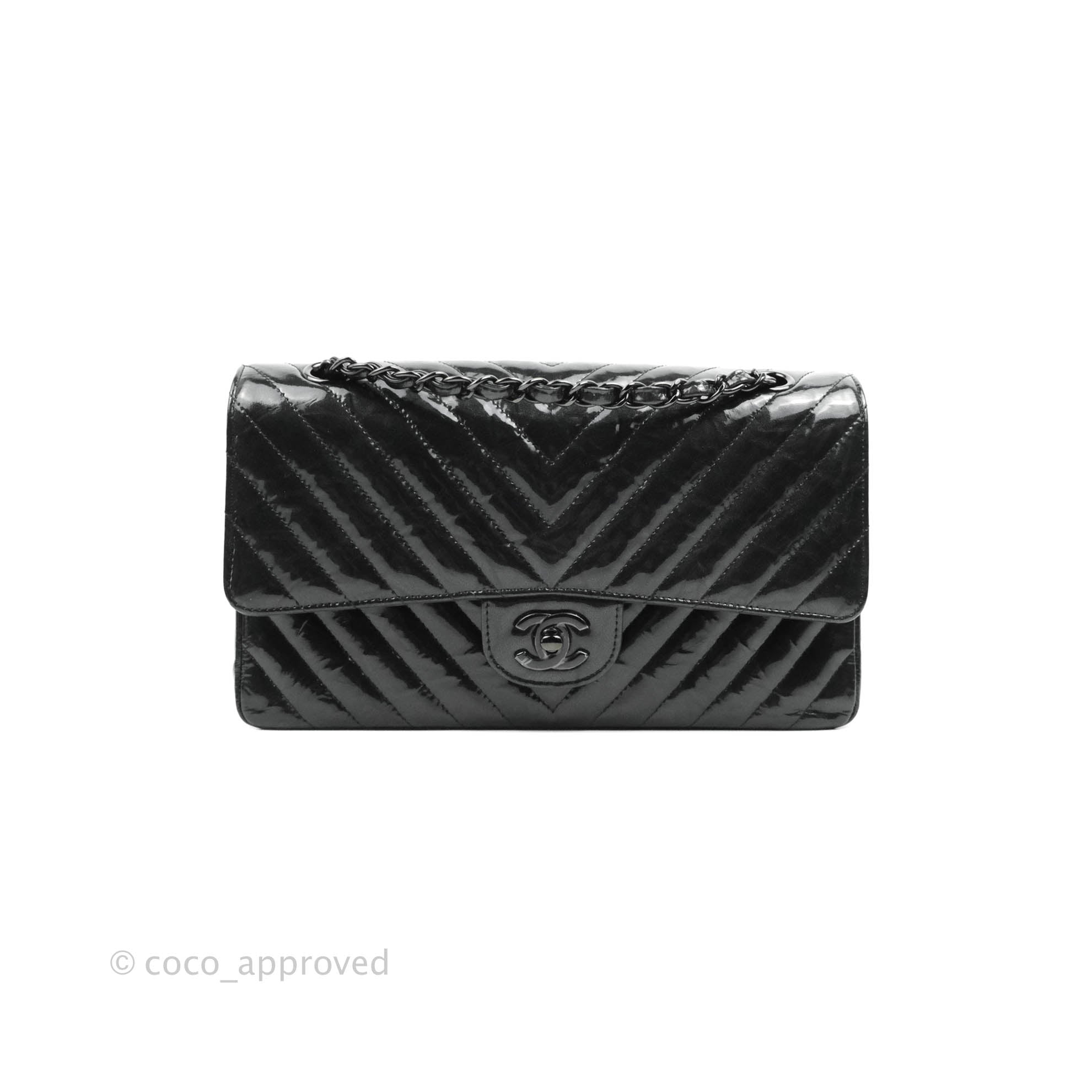 Chanel Classic Chevron M/L Medium Double Flap So Black Patent Calfskin –  Coco Approved Studio