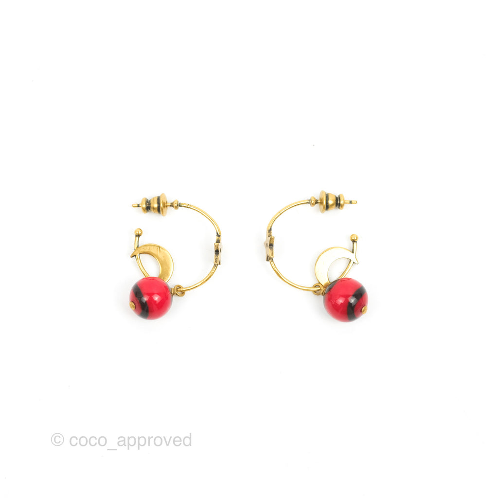 Dior Round Moon Star Drop Red Bead Earrings Aged Gold
