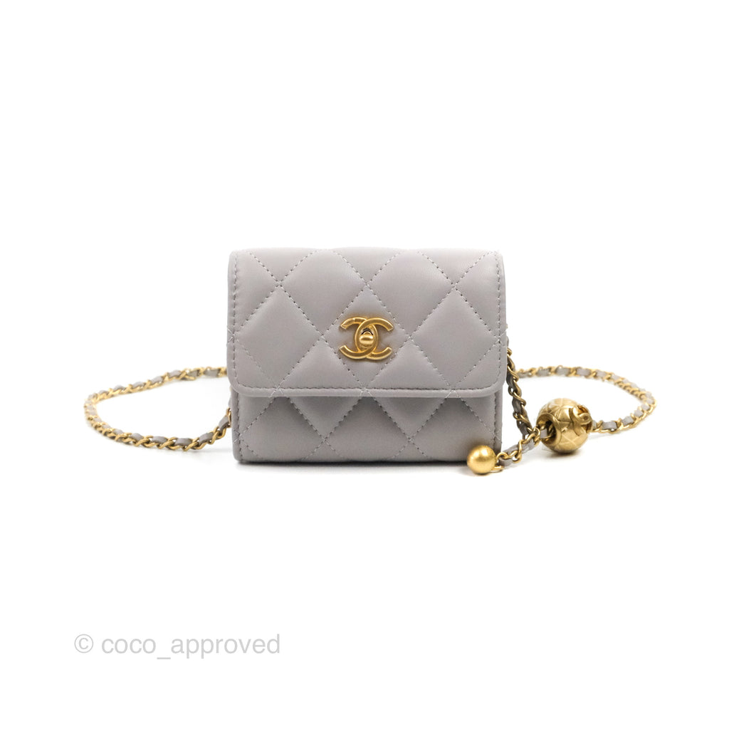 Chanel Pearl Crush Mini Wallet With Chain Light Grey Lambskin Aged Gold Hardware