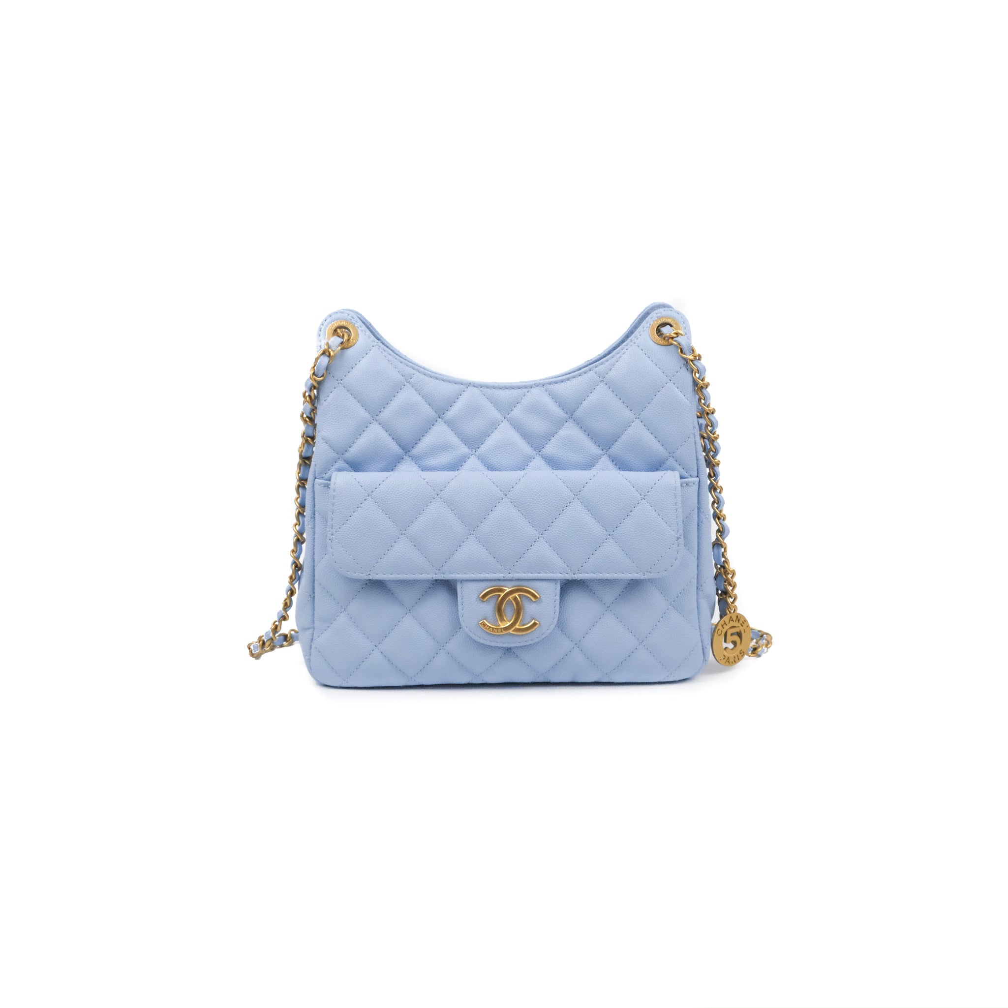 Chanel Quilted Wavy CC Hobo Light Blue Caviar Aged Gold Hardware