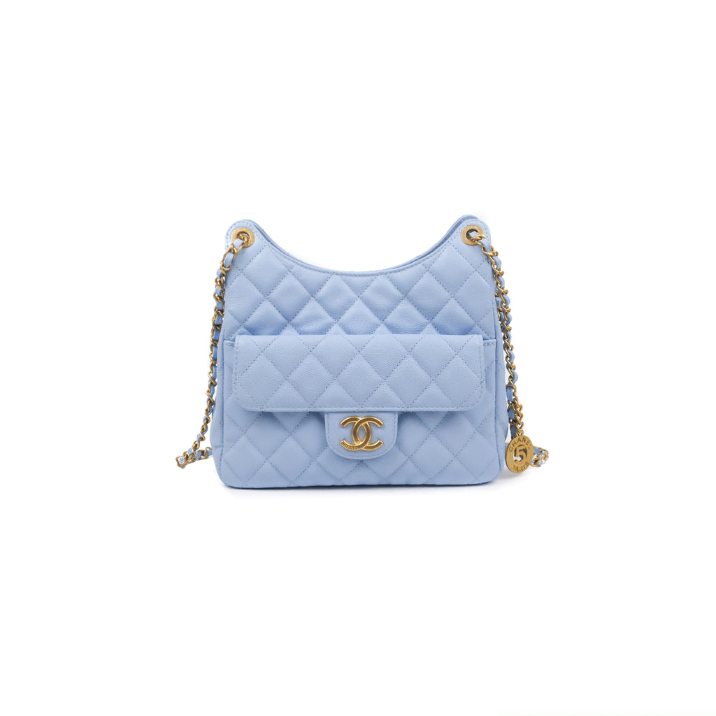 Chanel Quilted Wavy CC Hobo Light Blue Caviar Aged Gold Hardware 23P