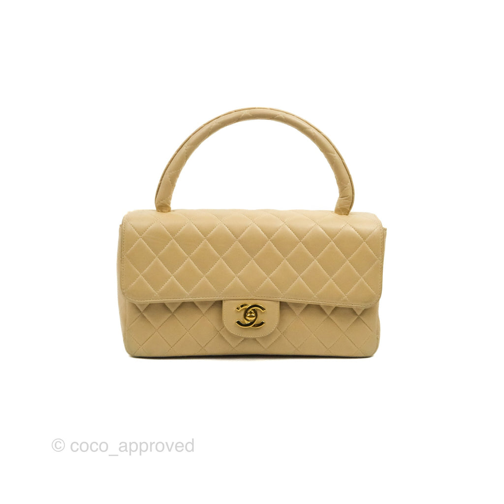 Chanel Vintage Top Handle Flap Bag Beige Lambskin 24K Gold Hardware