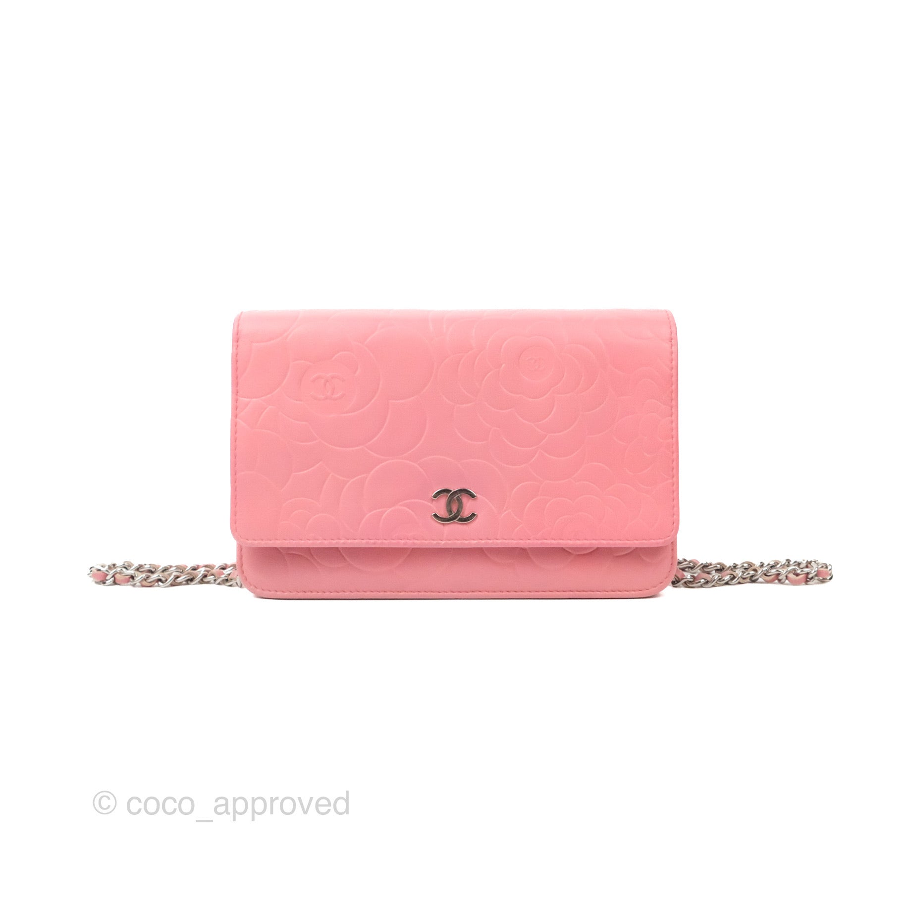 CHANEL Lambskin Camellia Embossed Wallet On Chain WOC Pink 868075