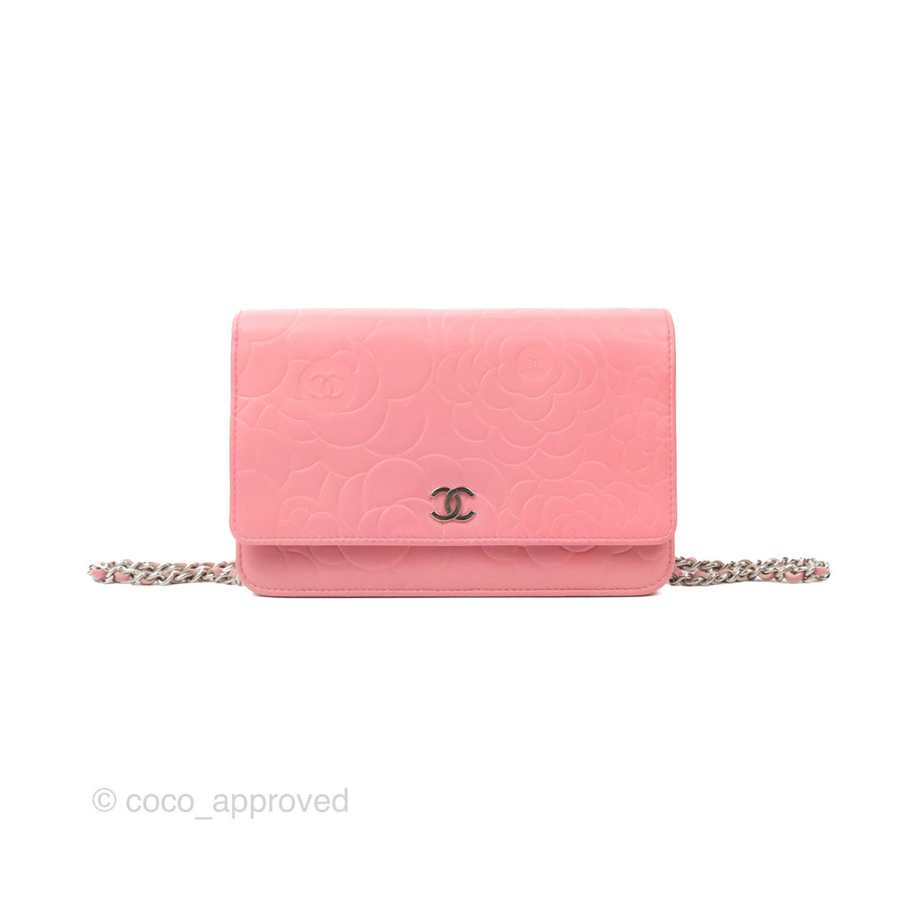 Chanel Camellia Embossed Wallet On Chain WOC Pink Lambskin Silver Hardware