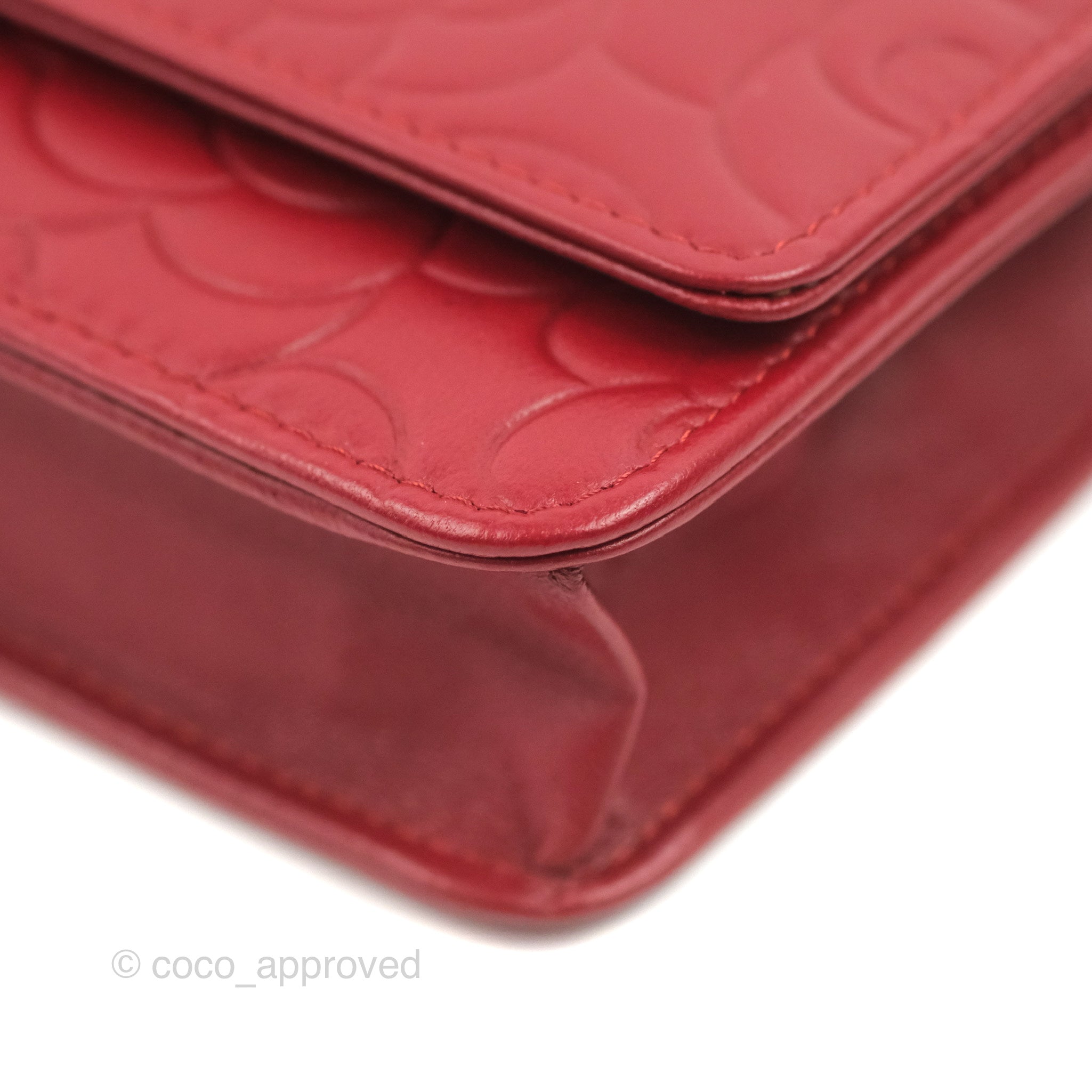 Chanel Camellia Embossed Wallet On Chain WOC Red Lambskin