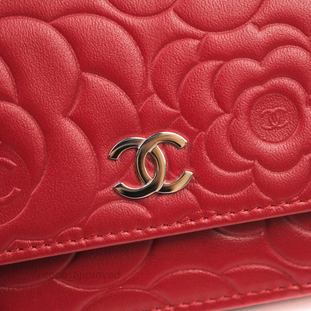 Chanel Camellia Embossed Wallet On Chain WOC Red Lambskin Silver Hardware