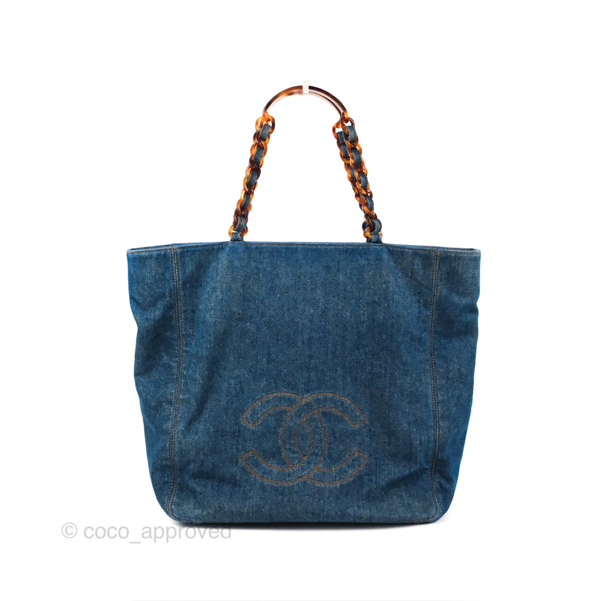 Chanel Large CC Tote Bag Blue Denim Tortoiseshell Bakelite Handle