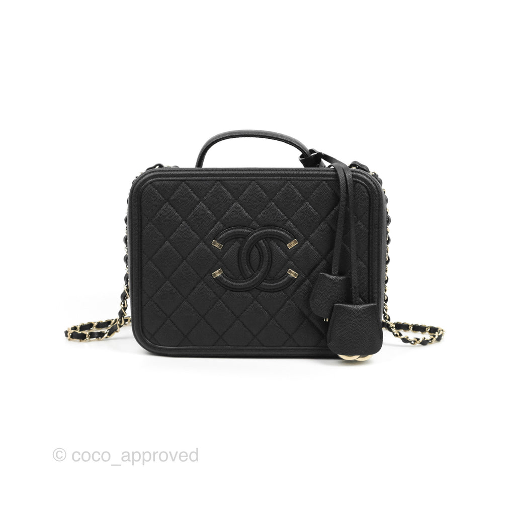 Chanel Quilted Large CC Filigree Vanity Case Black Caviar Gold Hardware