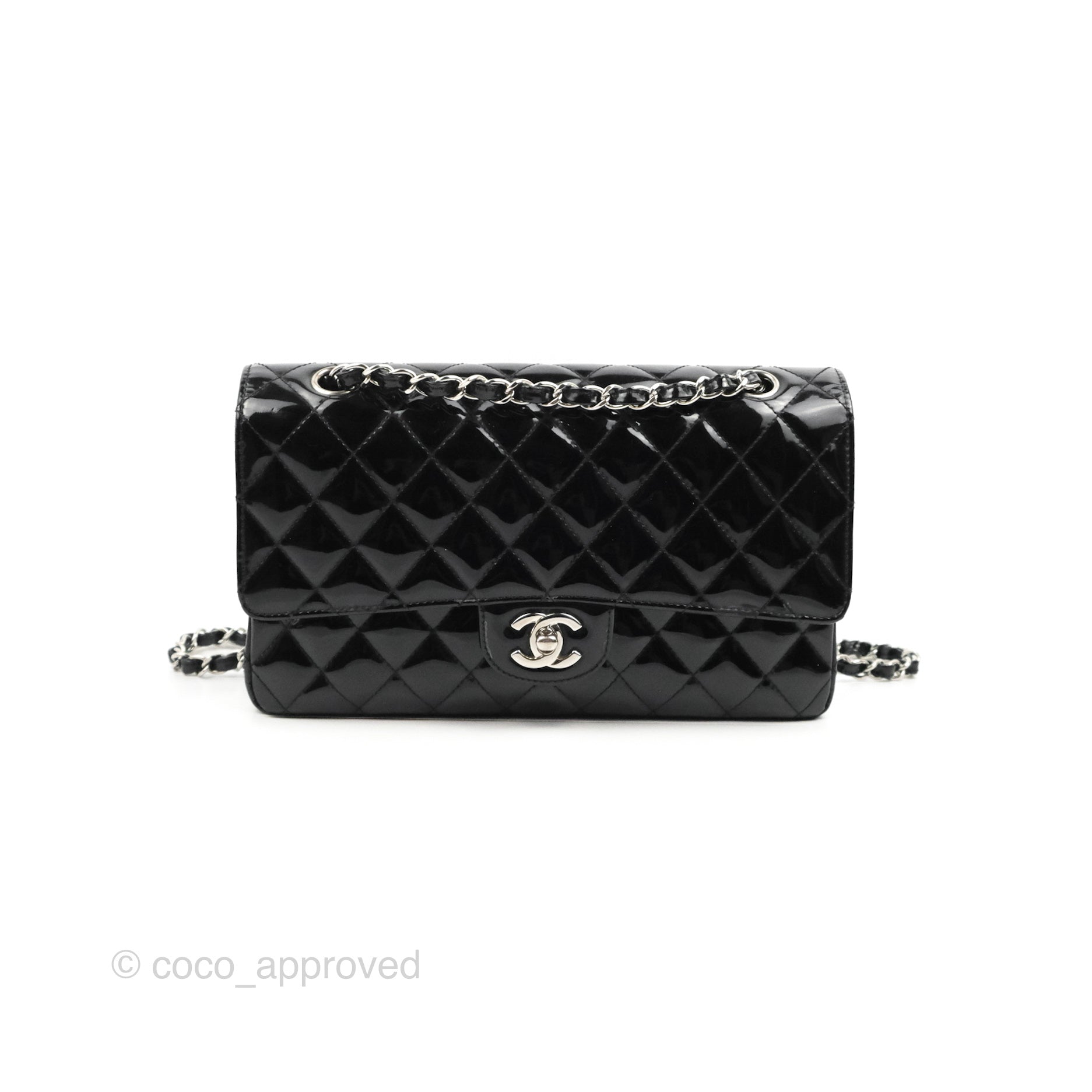 Chanel Medium Classic Double Flap Bag Black Patent Leather Silver Hardware