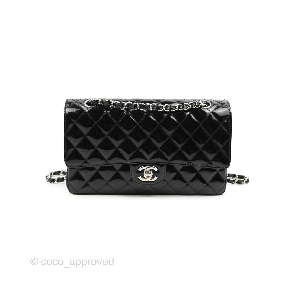 Chanel Classic M/L Medium Flap Quilted Black Patent Silver Hardware