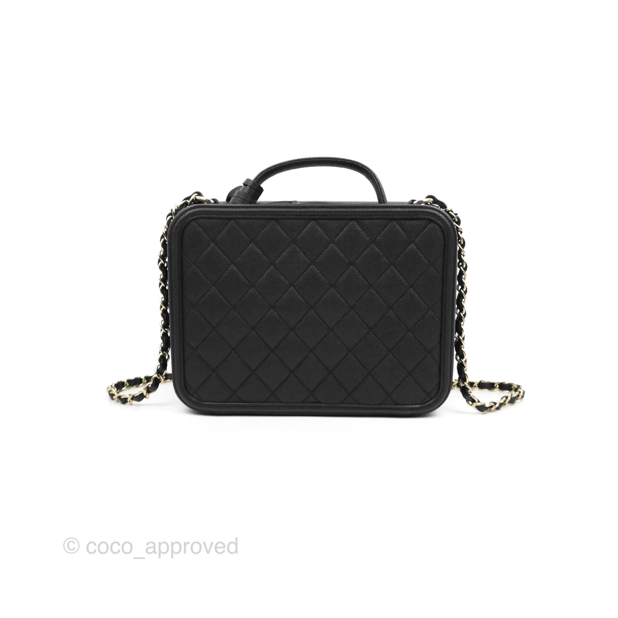 Chanel Quilted Large CC Filigree Vanity Case Black Caviar Gold Hardwar –  Coco Approved Studio