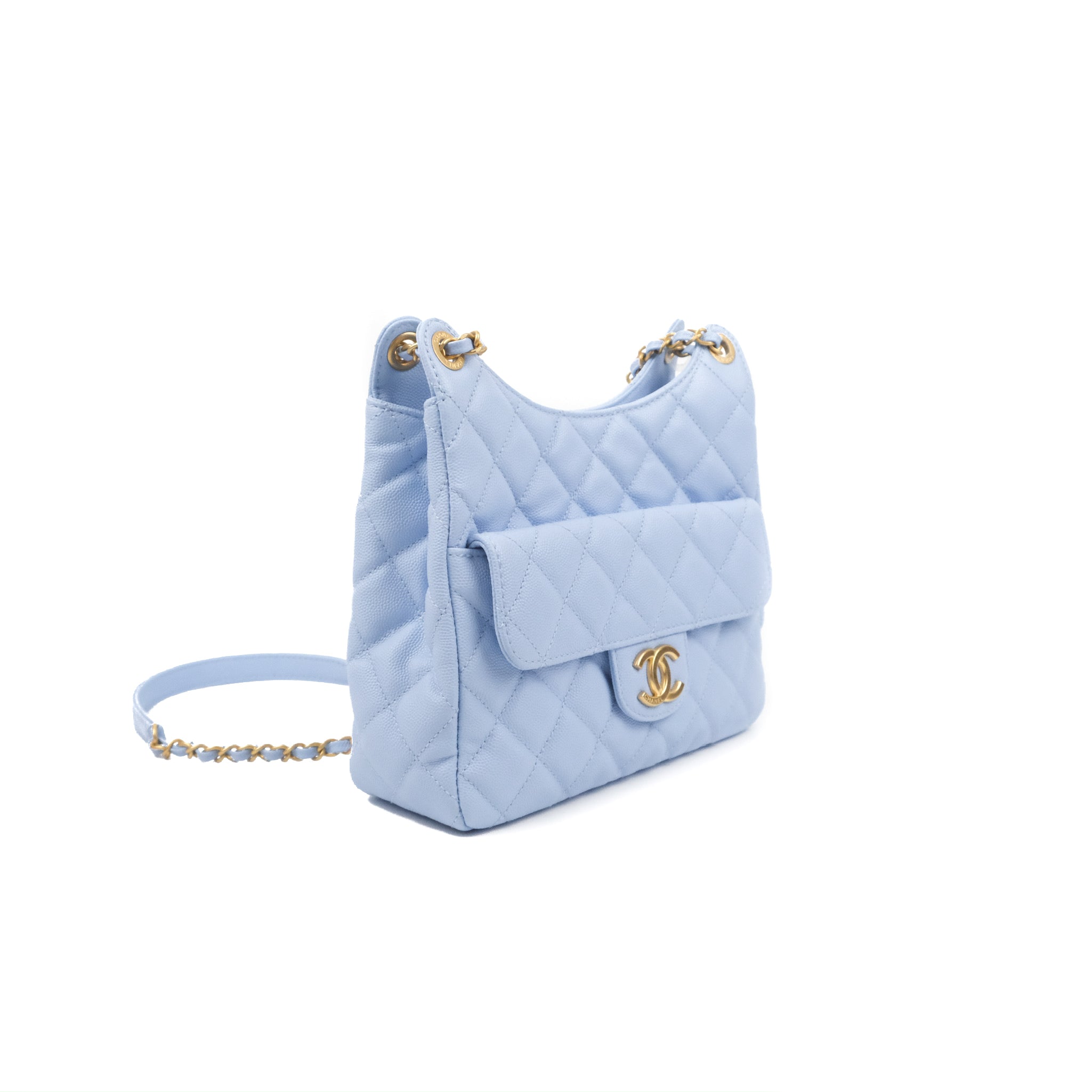 Chanel Quilted Wavy CC Hobo Light Blue Caviar Aged Gold Hardware