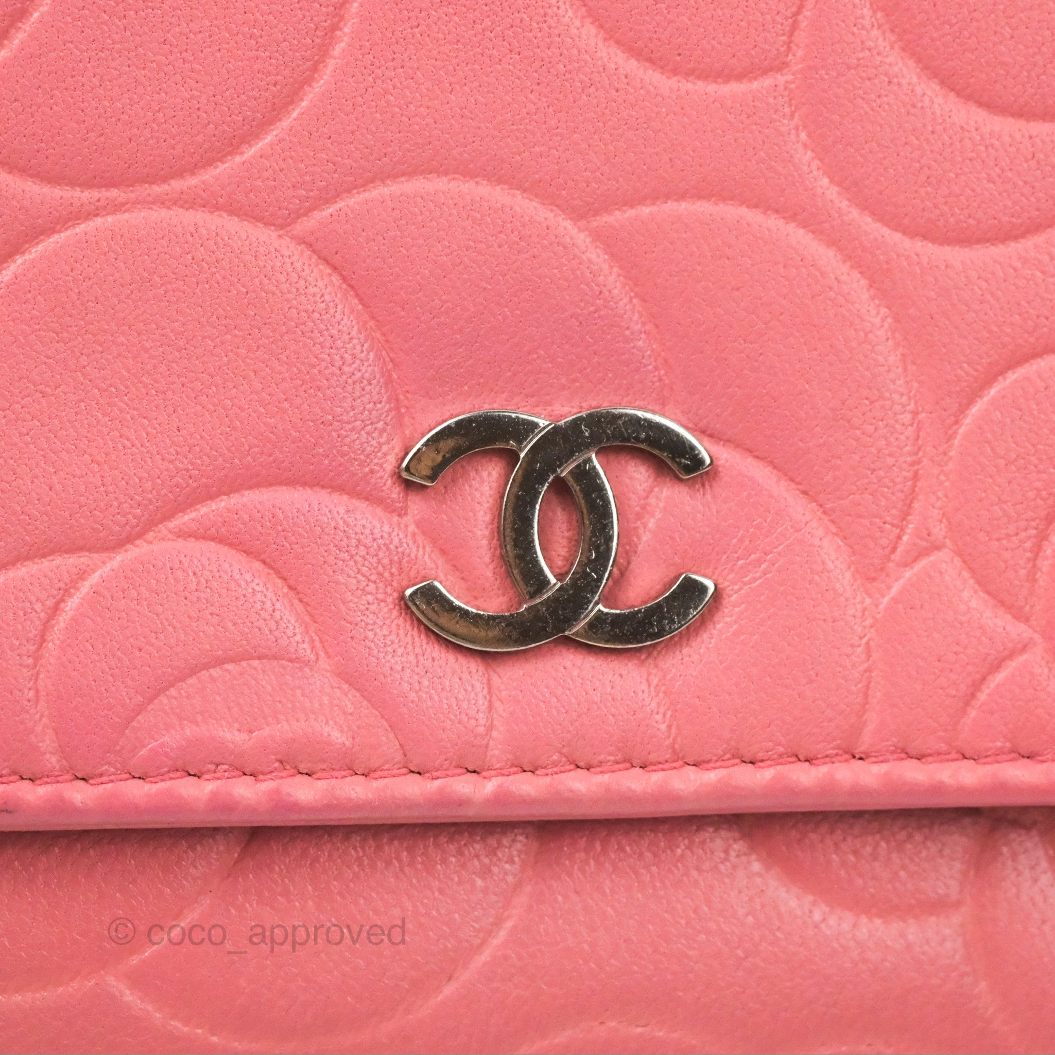 Chanel Camellia Embossed Wallet On Chain WOC Pink Lambskin Silver Hard –  Coco Approved Studio