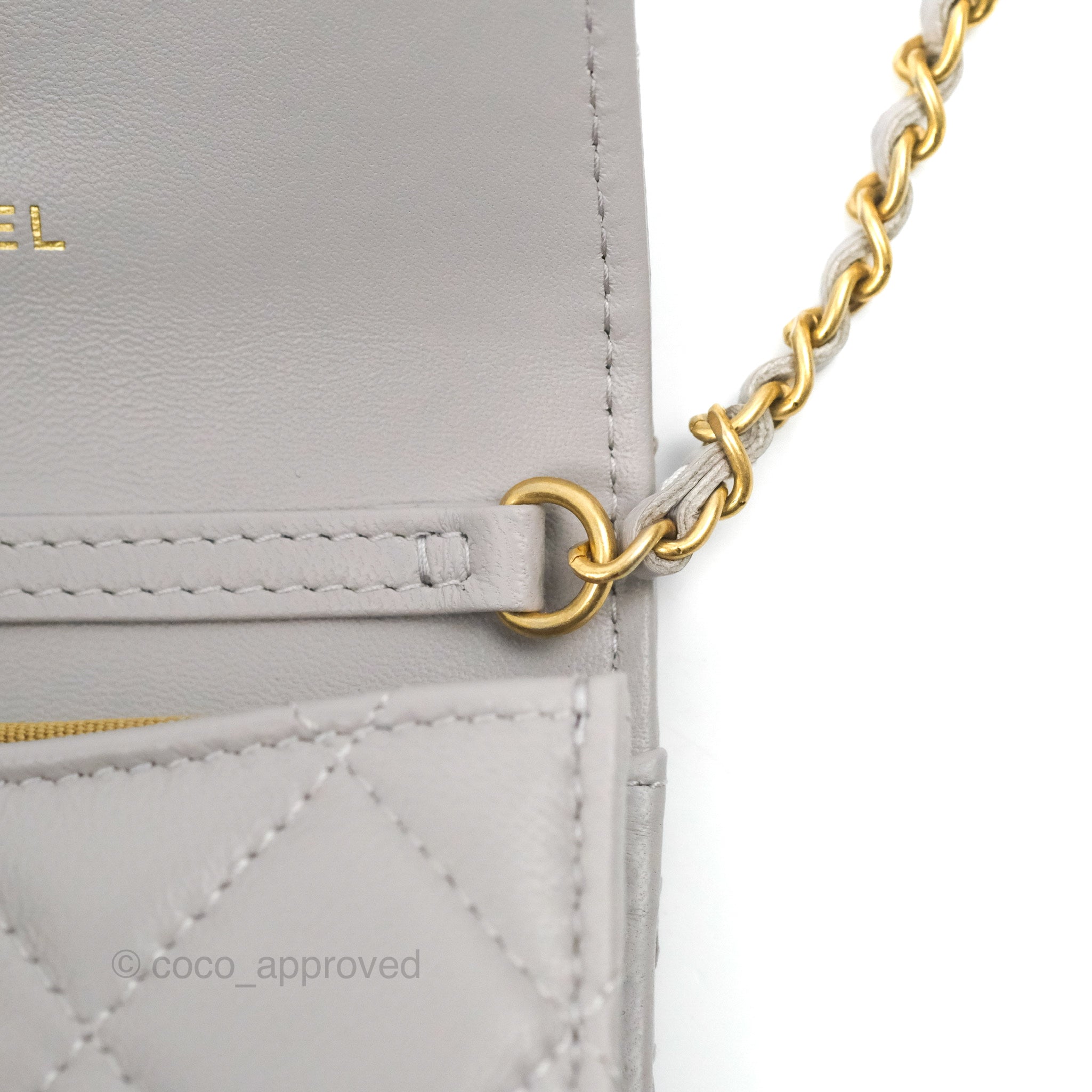 Chanel Pearl Crush Mini Wallet With Chain Light Grey Lambskin Aged Gol –  Coco Approved Studio