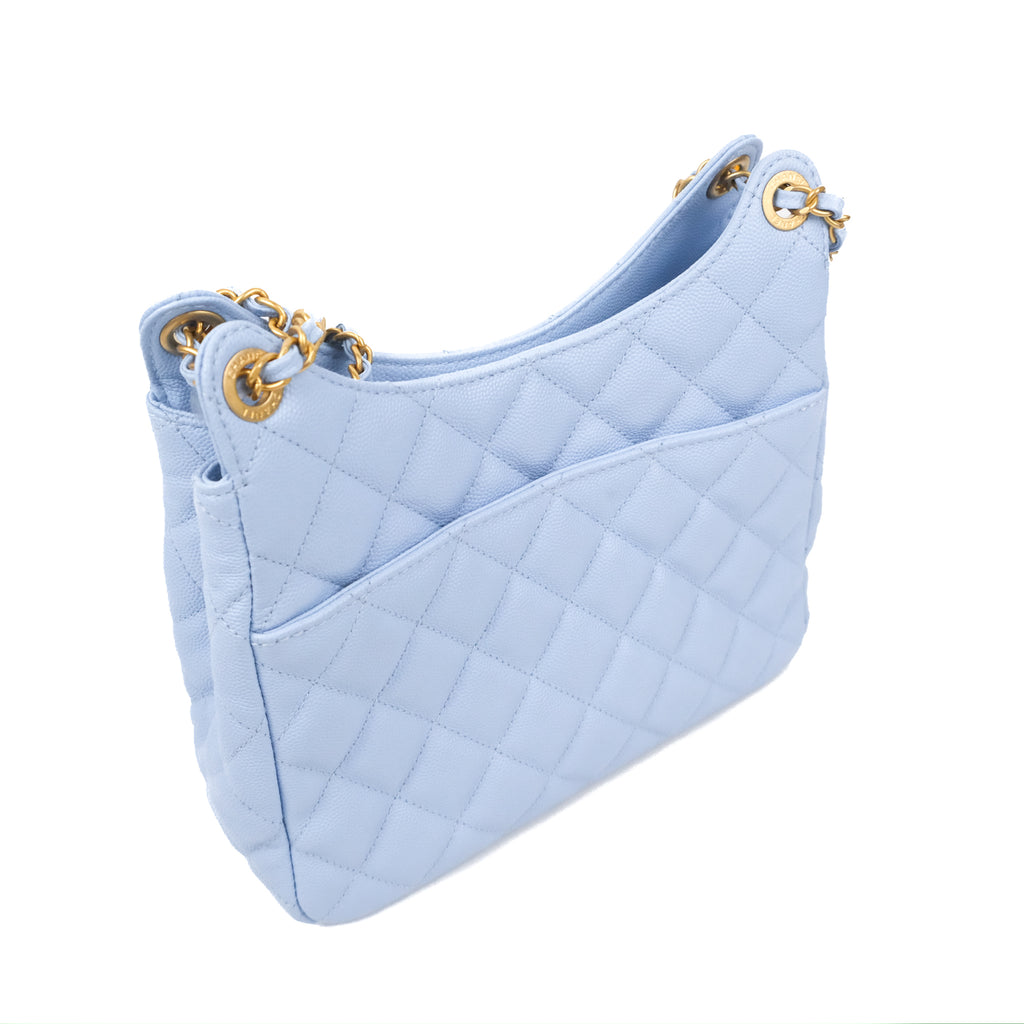 Chanel 2023 Wavy Hobo Small Shoulder Bag Beige Peach Caviar 23P