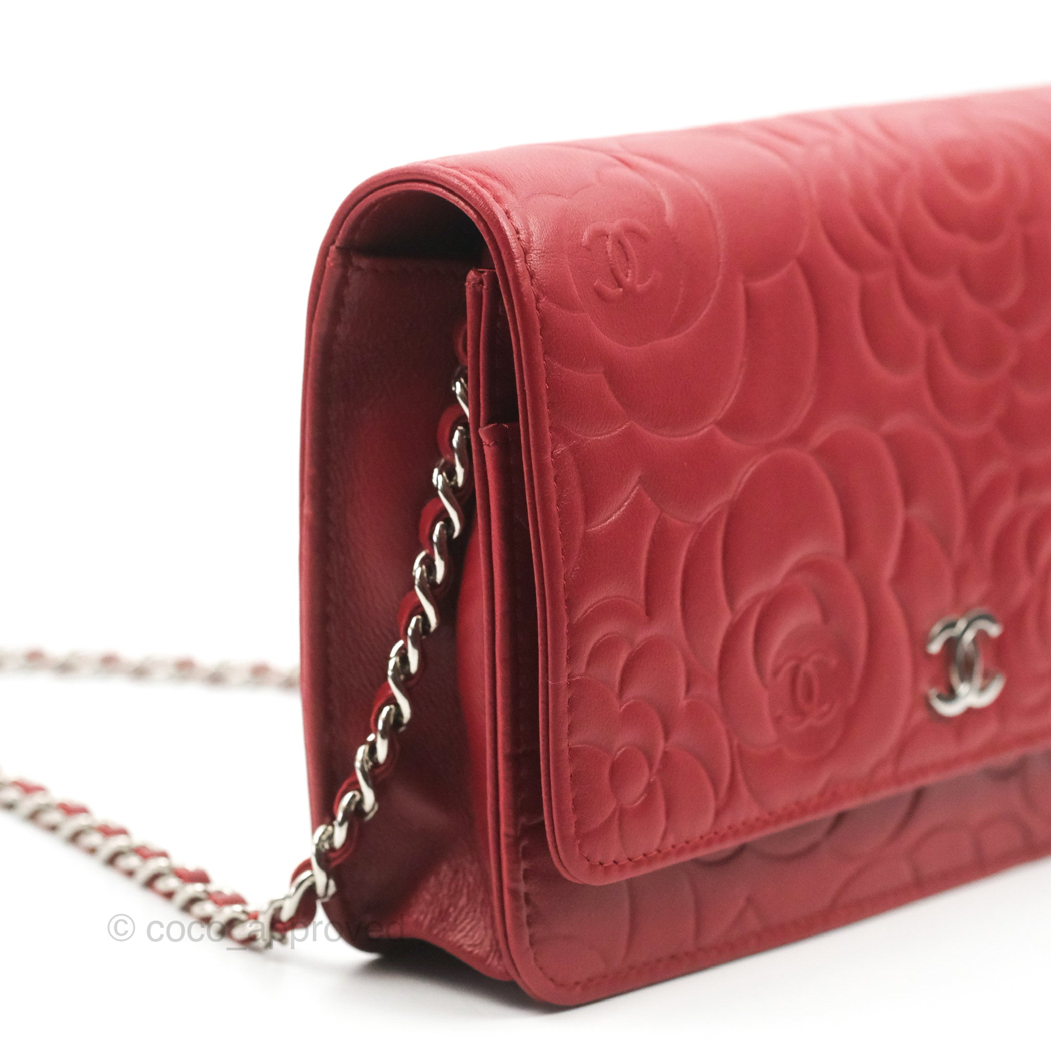 CHANEL Lambskin Camellia Embossed Wallet On Chain WOC Pink 868075