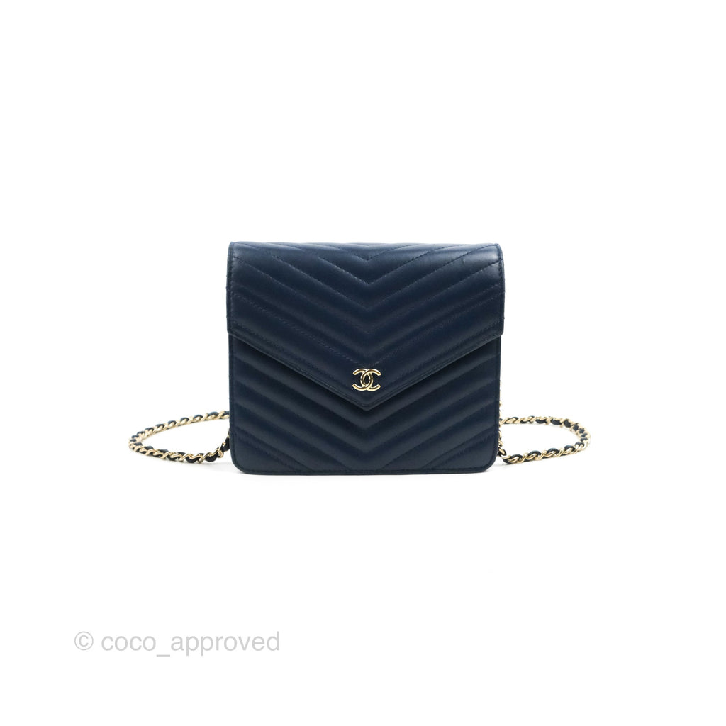 Chanel Square WOC Wallet On Chain Blue Lambskin Chevron Gold Hardware