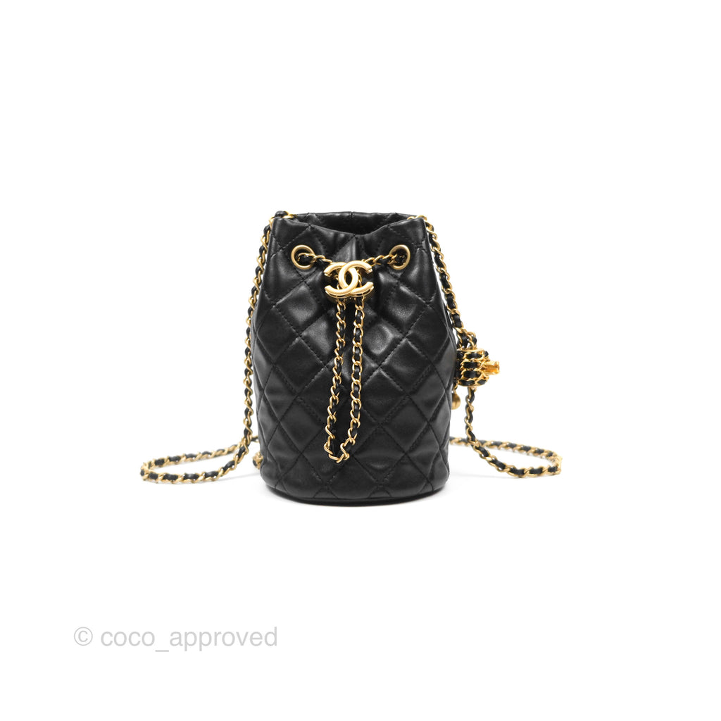 Chanel Pearl Crush Bucket Bag Black Lambskin Aged Gold Hardware 22S