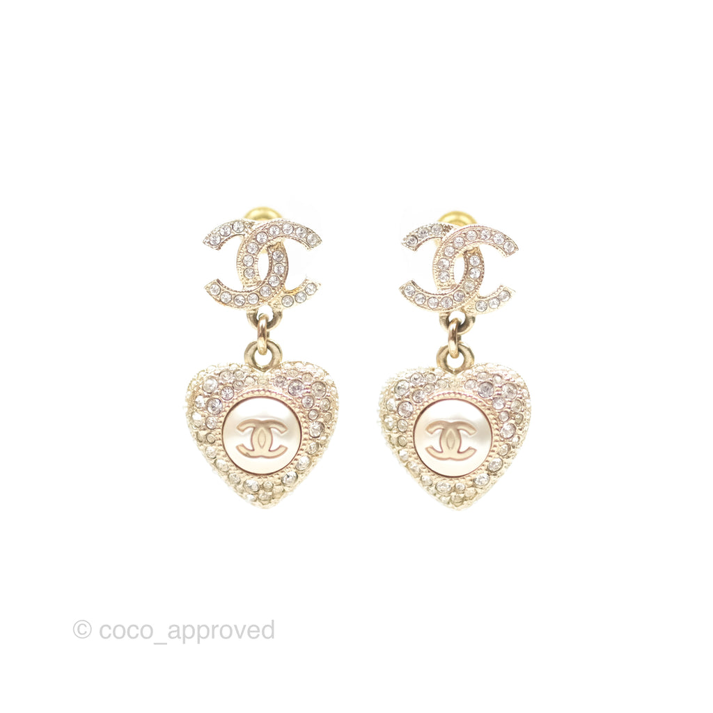 Chanel Crystal CC Pearl Heart Drop Earrings Gold Tone 23V