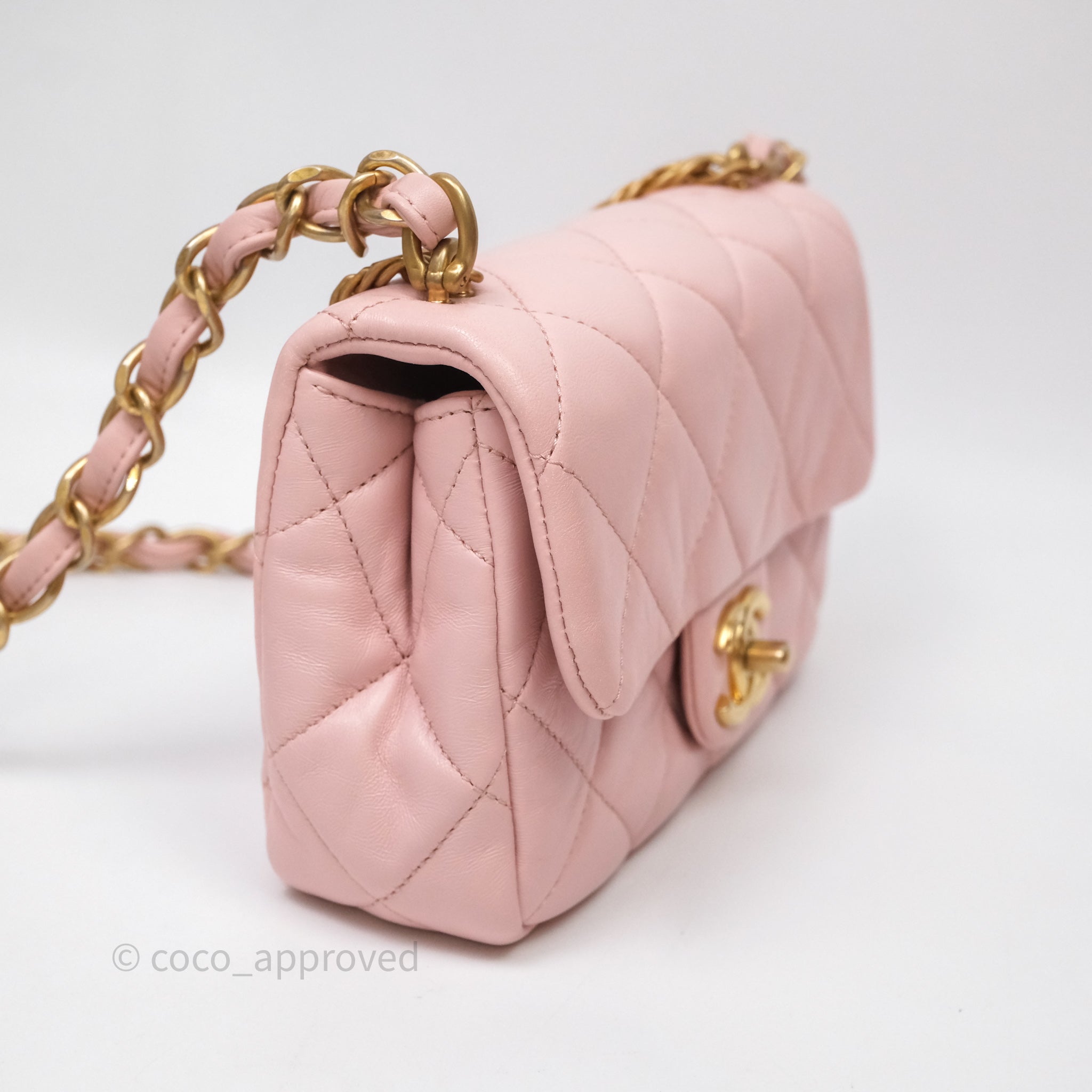 Chanel Pink Lambskin Flap Bag With Distinctive Coin Chain Gold