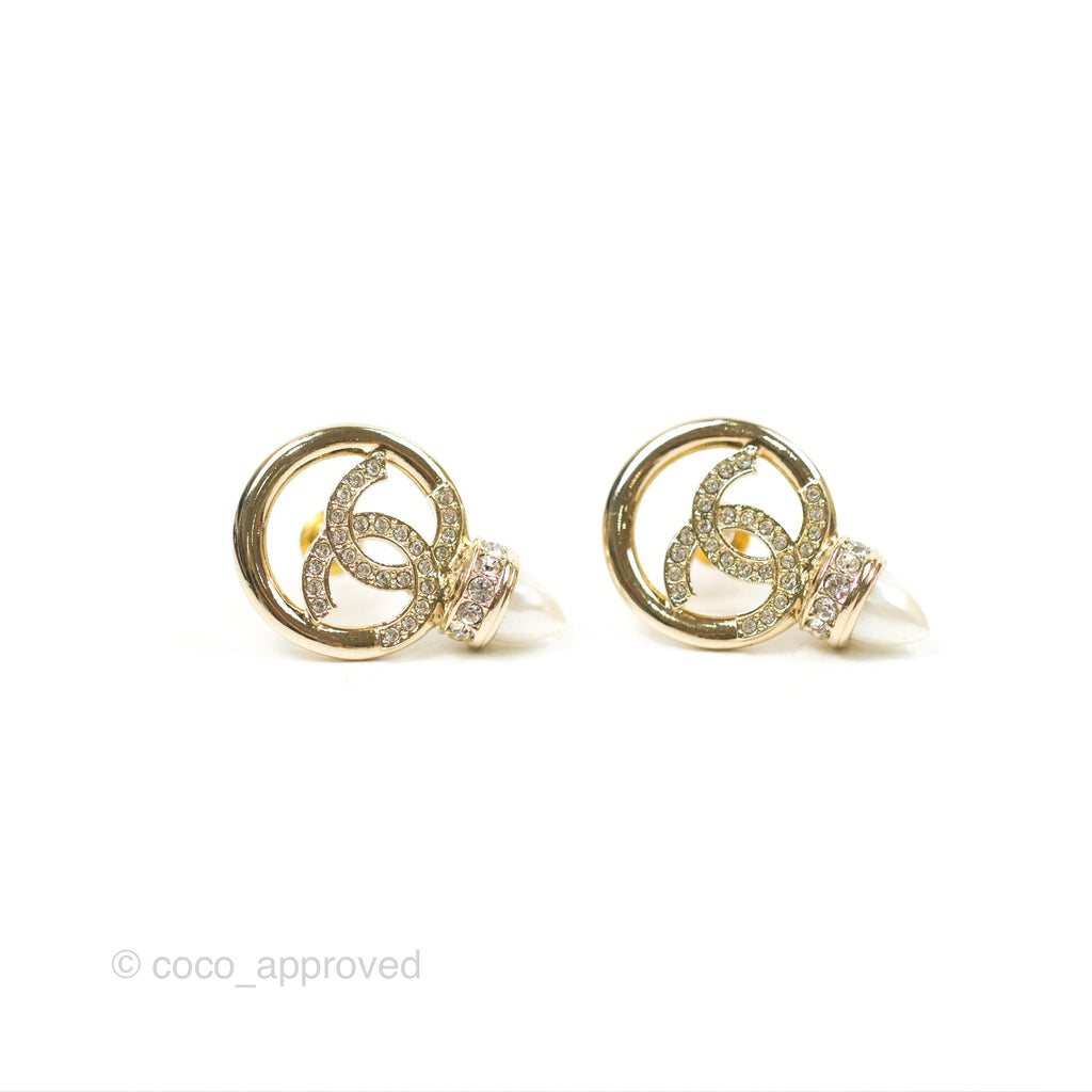 Chanel CC Crystal Pearl Earrings Gold Tone 22C