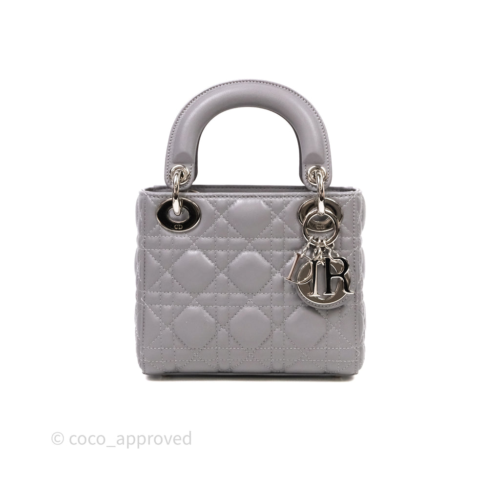 Christian Dior Mini Lady Dior Lambskin Cannage Grey Silver Hardware