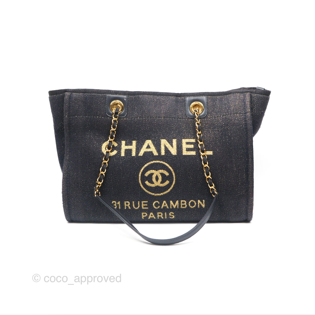 Chanel Medium Deauville Tote Navy Glitter Canvas Gold Hardware