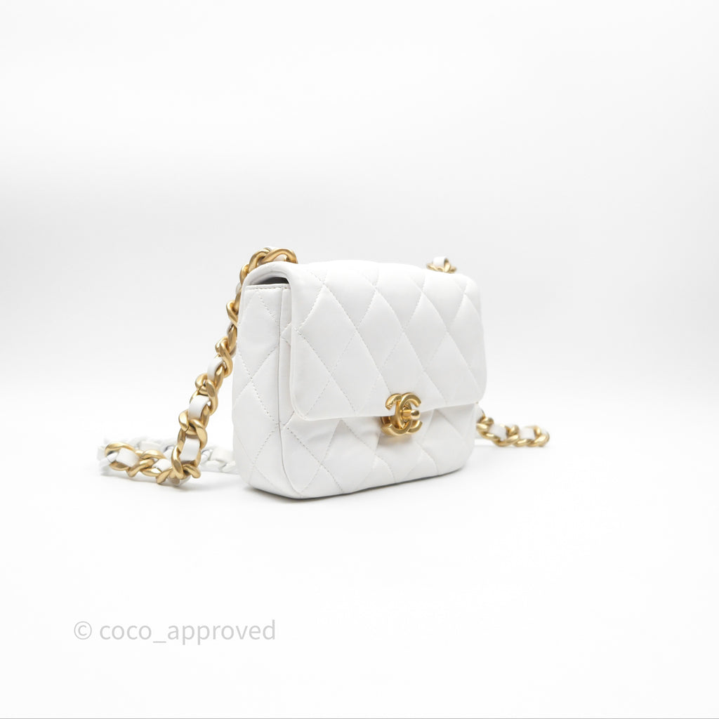 Chanel Small Flap Bag White Lambskin Aged Gold and Lacquered Metal 22S