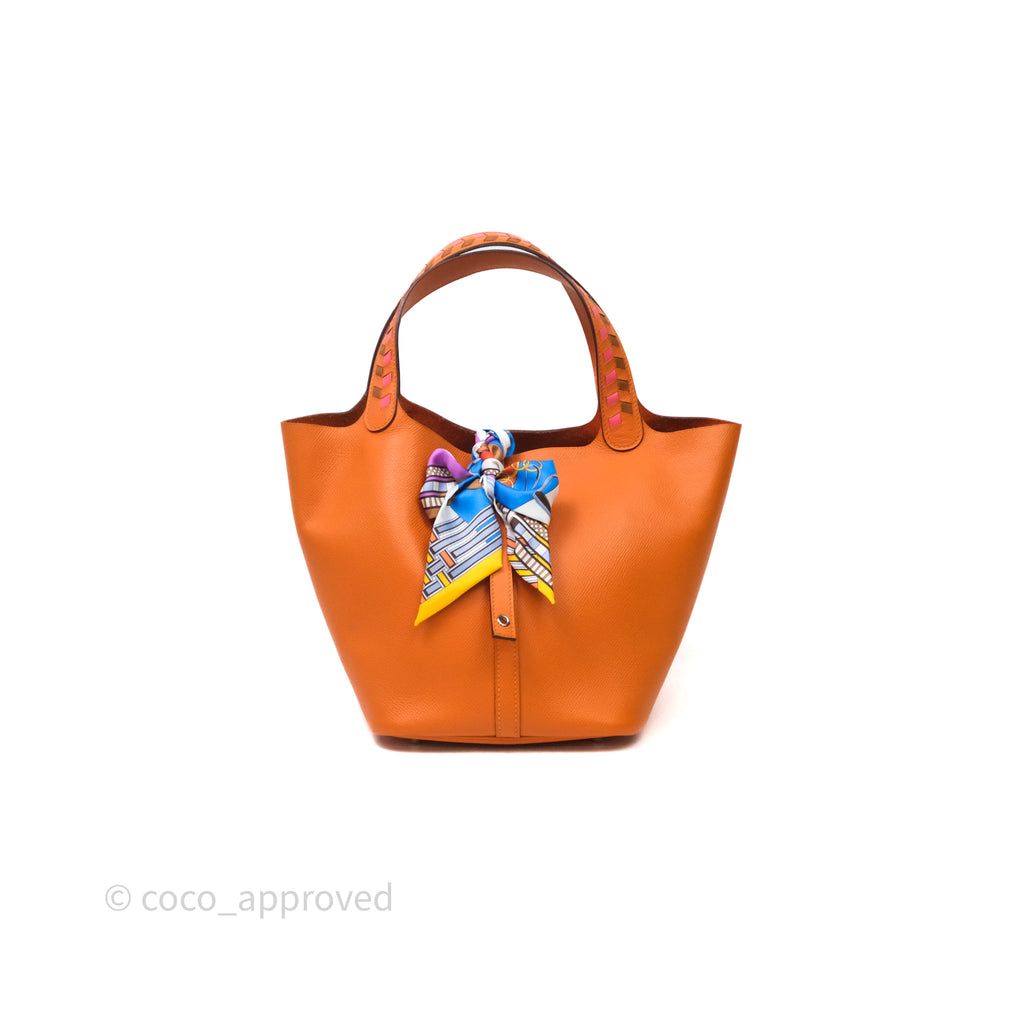 Hermès Tressage De Cuir Picotin Lock 22 Abricot I9/ Rose Azalée 8W