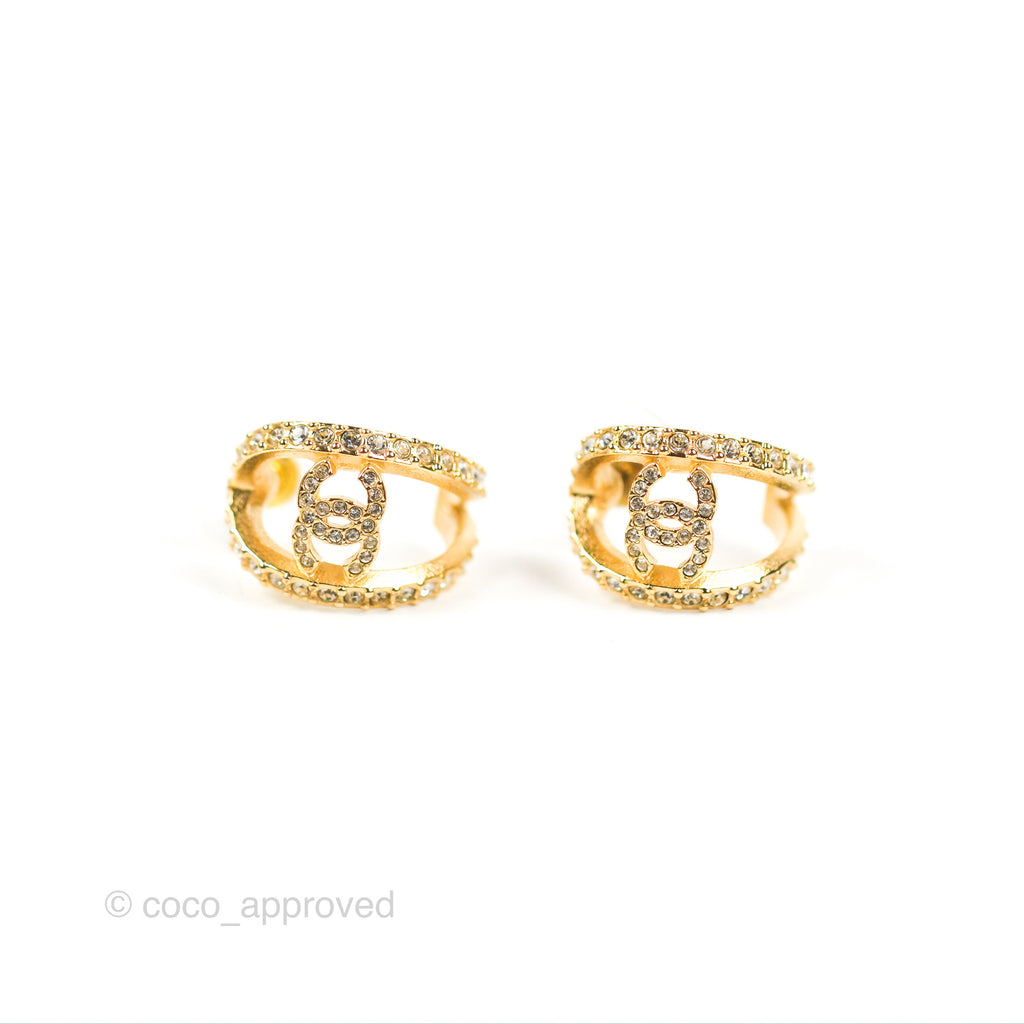 Chanel Hoop CC Crystal Earrings Gold Tone 22A